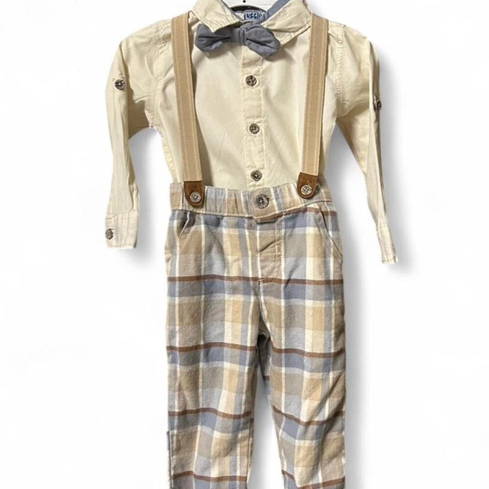 12 month 4-piece baby boy outfit plaid pants, button suspenders, bow tie & shirt
